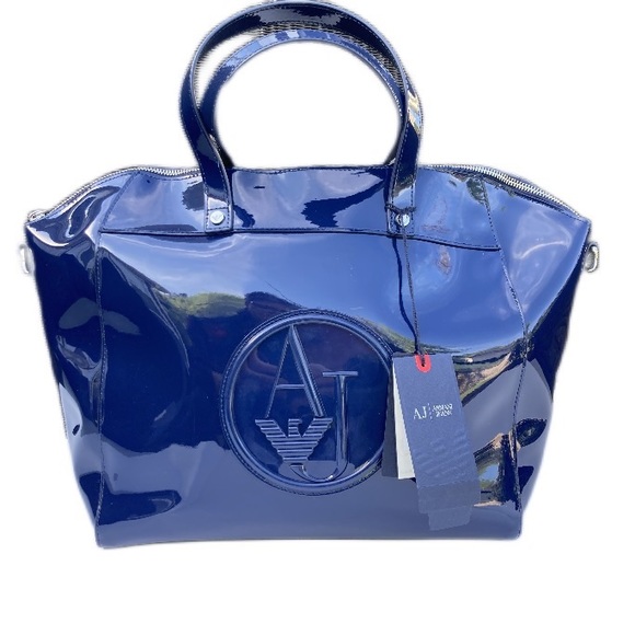 Armani Jeans Handbags - 🆕 Armani Jeans Tote Bag Shiny PVC Navy Blue Large Tote Blue Armani Logo NWT